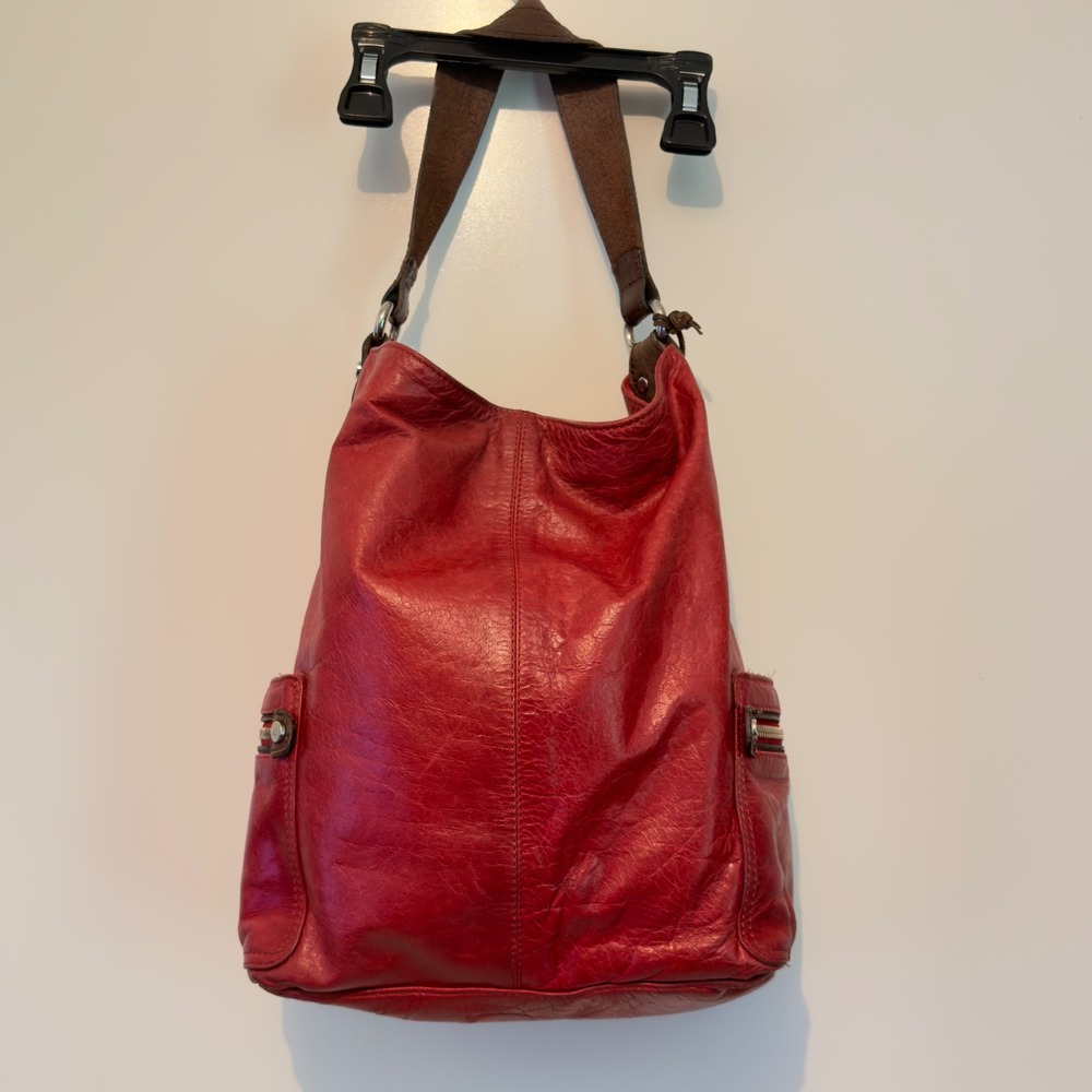 Tano Red Leather Hobo Bag Brown Trim Shoulder Bag with Side Zip Pockets